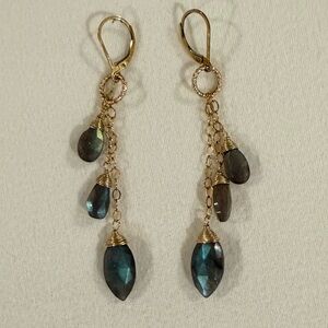Blue-Green Faceted Stone Dangle Earrings on Gold-Tone Chain – Handmade